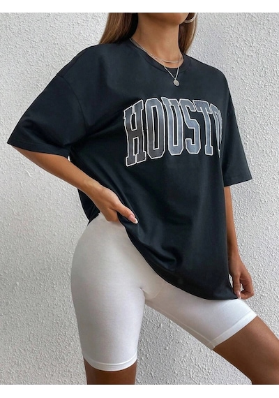 Startmore Kadın Beyaz Houston Baskılı Oversize T-shirt Siyah