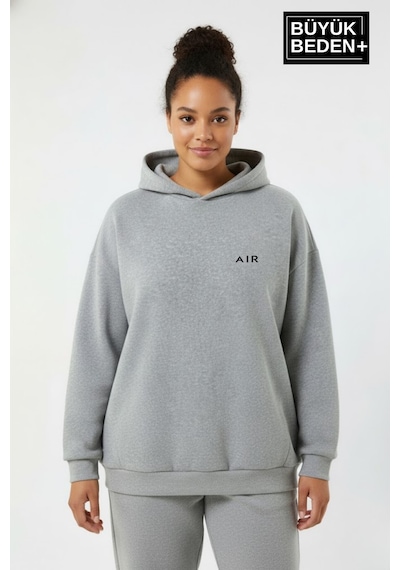 Süperlife Kadın Büyük Beden Ar Baskılı Kapüşonlu İnce Sweatshirt Spr26bswk963 Gri Melanj