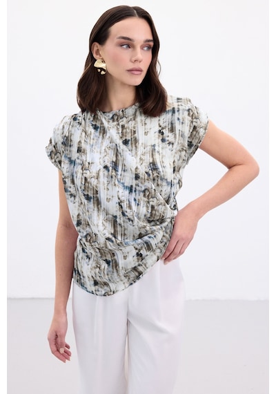 Sateen Pileli Kolsuz Bluz - İndigo-136862 İndigo