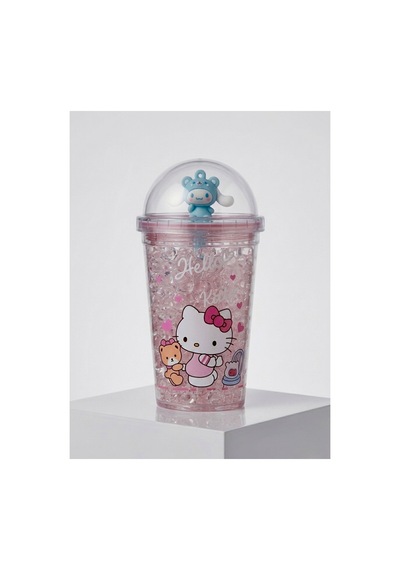 Sevimli Hello Kitty Kristal Figürlü Cam Bardak,450 Ml, Kız Çocuk Özel Tasarım Pipetli Plastik Suluk,matara,model2 Mavi