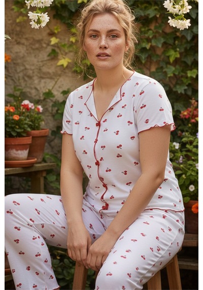 Siyah İnci Beden Fitilli Kaşkorse Örme Pijama Takım26120851 Beyaz Kiraz