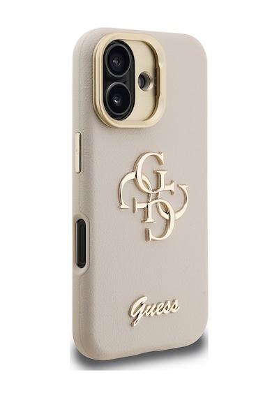 Apple iPhone 16 Uyumlu Kılıf Guess  Lisanslı Grained Yazı Logolu Kamera Standlı Kapak Bej
