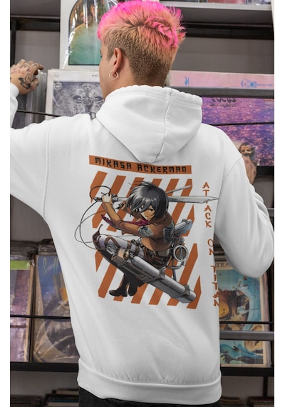 Sevbano Mikasa Ackerman Attack On Titan Anime Sırt Baskılı Unisex Oversiz beyaz