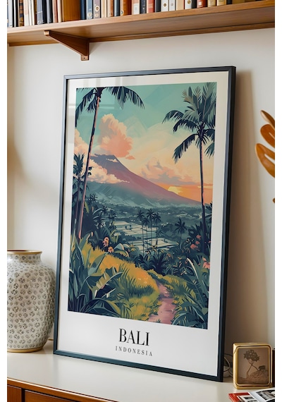 Bali Indonesia Vintage Seyahat Posteri Çerçeveli Tablo - Premium Tropikal Manzaralı Duvar Dekoru Siyah