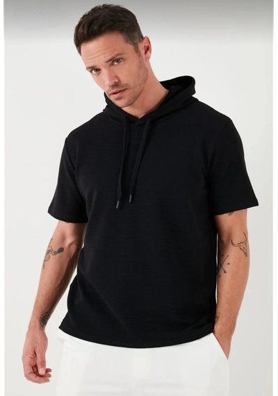 Barlashive Erkek Kapüşonlu Tişört Kısa Kol Düz Oversize T-shirt - Siyah Çok Renkli