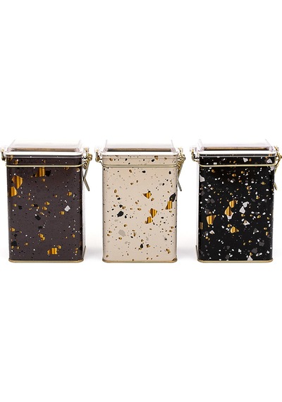 Terrazo Desenli Kilitli Kapaklı Dikdörtgen Metal Saklama Kabı 3 Lü Set 7.5 x 10 x 15 CM