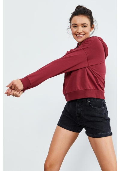 Tommy Life Bordo Uzun Kol Rahat Form Kapüşonlu Kadın Sweatshirt - 97115 Bordo
