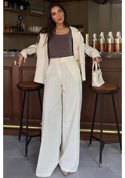 Madmext Ekru Yüksek Bel Keten Wide Leg Pantolon Mg2718