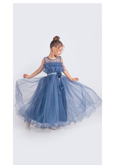 Mnk Baby & Kids Kız Çocuk Robası Katlı Özel Gün Abiye Elbise Mnk0475 İndigo
