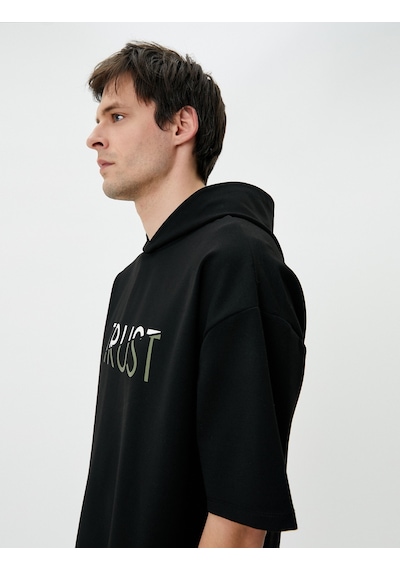 Koton Sweatshirt Eşofman Üstü Baskılı Kapüşonlu Kısa Kollu Siyah 4wam70056nk Siyah