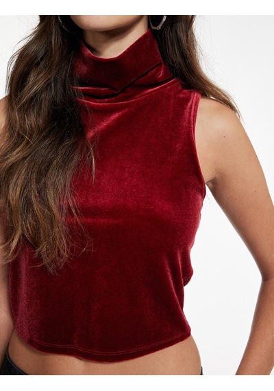 Koton Slim Fit Dik Yaka Kolsuz Crop Kadife Bluz Bordo 6wak10005ek Bordo