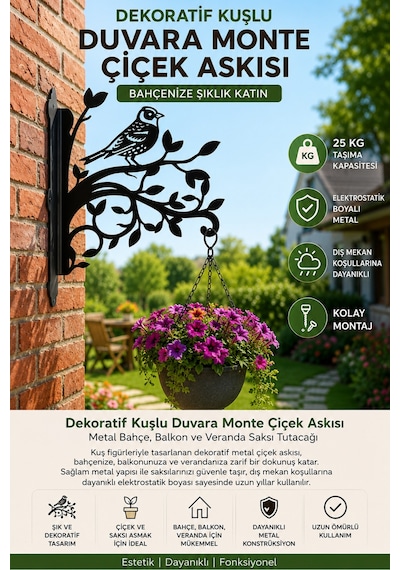 Dekoratif Kuş Figürlü Metal Duvara Monte Çiçek Askısı Lazer Kesim Saksı Askılığı Bahçe, Balkon Ve Veranda Askı Aparatı Siyah