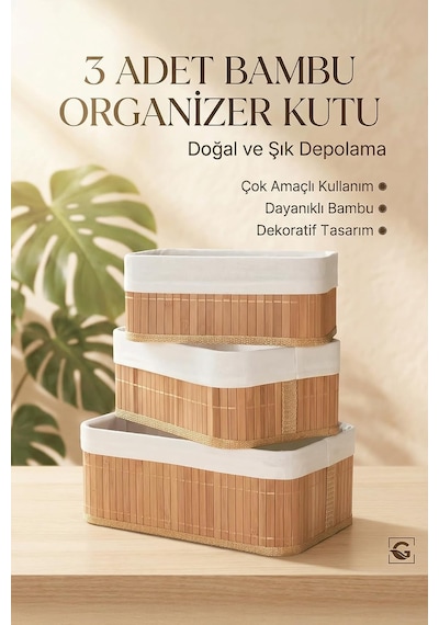 Tr Bambu 3'lü Oval Kutu Organizer Seti Doğal Bambu Saklama Ve Düzenleyici Seti Bej Diğer