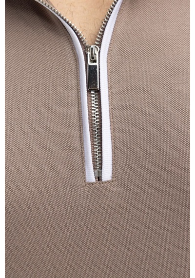 Tudors Erkek Polo Yaka Slim Fit Pamuk Fermuarlı Pike Tişört-27083-Kahve Kahverengi