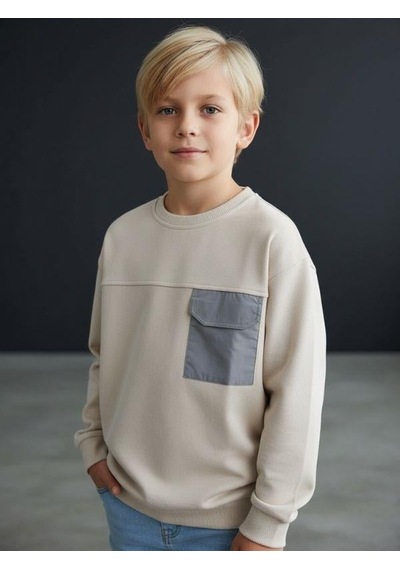 Zekids Erkek Çocuk Cep Detaylı Pamuklu İnce Sweatshirt-16650 Bej