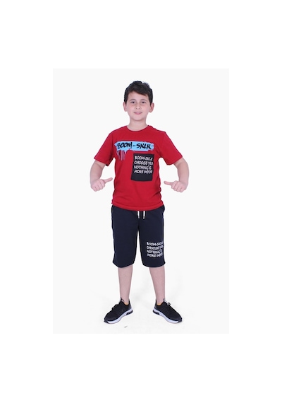 Fyk Kids Boom Sklk Yazı Baskılı Erkek Çocuk Alt-üst Kapri Takım Kırmızı