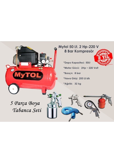 Mytol 2 Hp 50 Litre Yağli Hava Kompresörü ve Havalı Alet Seti N11.41160