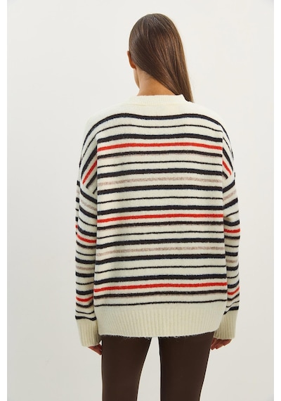 Shade Kadın Bisiklet Yaka Çizgili Oversize Triko Kazak 2524 60283680 - Krem