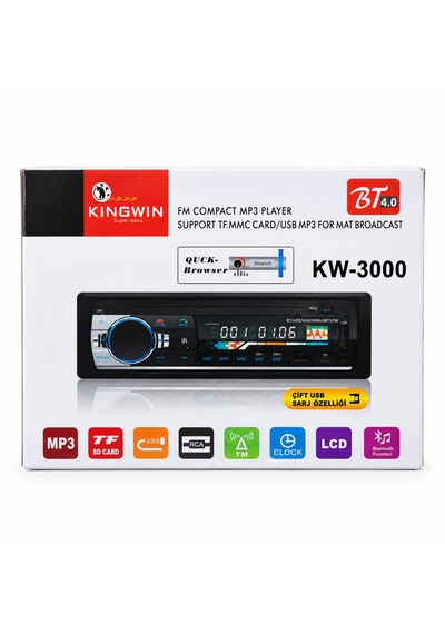 Kingwin Kw-3000 Bluetooth Usb Sd Kart Fm Mp3 Oto Teyp Lcd Ekran Çift Usb Şarj