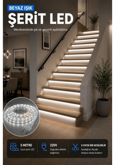 Tr 5 Metre Beyaz Şerit Led, 220v, 5 Cm'de Kesilebilir, Dekoratif Aydınlatma Diğer