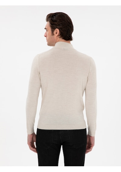 Cacharel Bej Slim Fit Yün Karışımlı Yarım Balıkçı Yaka Basic Triko Kazak
