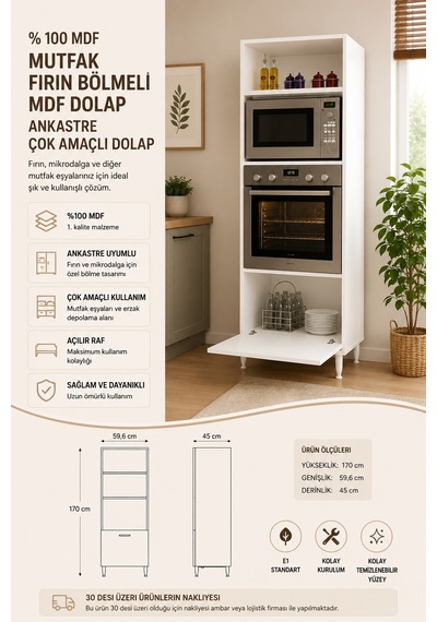 Renazzo %100 Mdf Mutfak Fırın Bölmeli Mdf Dolap Ankastre Çok Amaçlı Beyaz