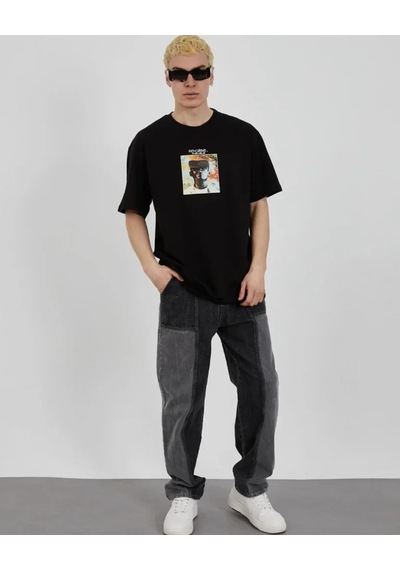 Modi Unisex Bisiklet Yaka Baskılı Oversize T-shirt - Siyah - Mymg180624