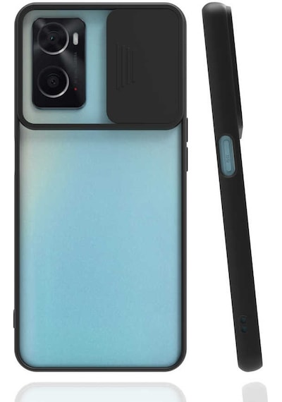 Noktaks - Oppo A96 4g Uyumlu - Kılıf Slayt Sürgülü Arkası Buzlu Lensi Kapak - Siyah
