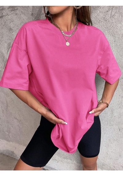 Düz Basic T-shirt - Pembe Oversize Bisiklet Yaka Kısa Kol Pembe