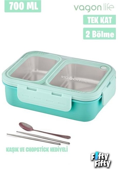 Vagonlife Bento 700ml Tek Katlı 2 Bölmeli Chopstick Ve Kaşıklı Çelik Yemek Kutusu Turkuaz Beyaz