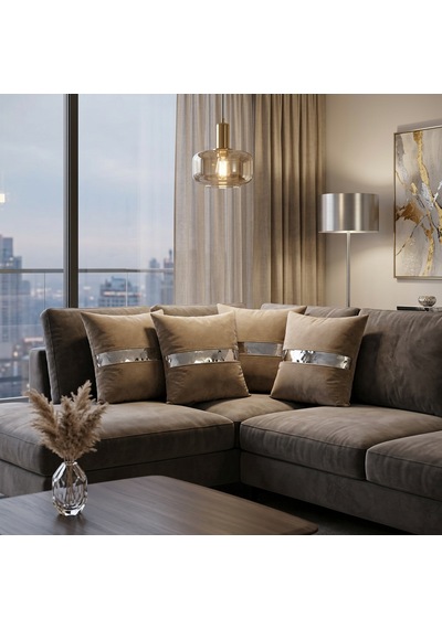 Venüs 07 Gold Şeritli 4 Lü Set Dekoratif Ve Modern Modern Tasarım Kırlent Kılıfı Lüks Koltuk Yastık Kılıfı Gümüş