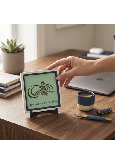 Tuğra Besmele Modern Dekoratif Obje, Ev & Ofis İçin 10x10 Cm Minyatür Tasarım, Manevi Değerli Hediye