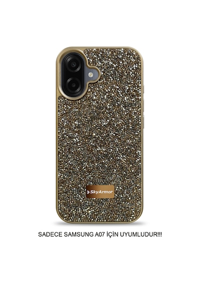 Samsung A07 Uyumlu Kadife İç Yüzey Tasarımlı Taşlı Işıltılı Parlak Pırlanta Kılıf Dia Plus Gold