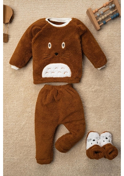 Mai Perla Totoro Nakışlı Welsoft Peluş 3'lü Bebek Takım Kahverengi