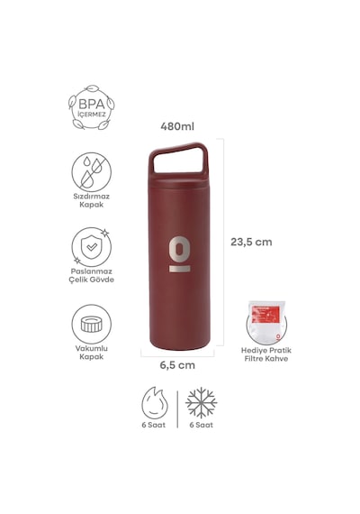 Paslanmaz Çelik Tutacaklı Bordo Termos 480 ML No:51