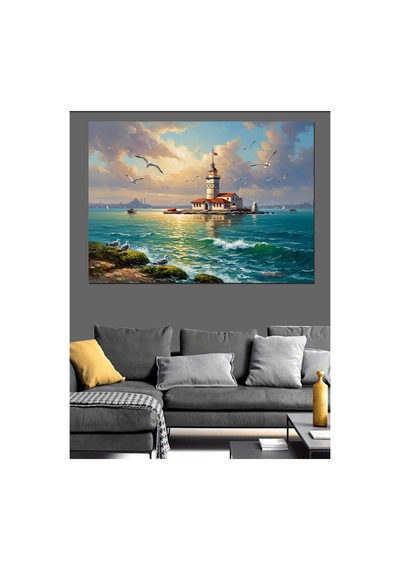 Gün Batımında Deniz Ortasında Kule Yağlı Boya Dokulu Kanvas Tablo Canvas Tablosu