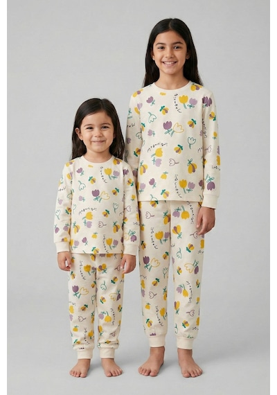 Magnifi Ove Yazılı Lale Baskılı Kız Çocuk Pijama Takımı Ekru