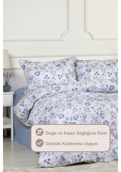 Elart Rose Nevresim Takımı Çift Kişilik Digital Baskılı %100 Pamuk Saten Dantelli 200x220 Cm Mavi Mavi