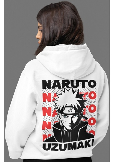 Sevbano Naruto Uzumaki Anime Sırt Baskılı Unisex Oversize Penye Hoodie beyaz