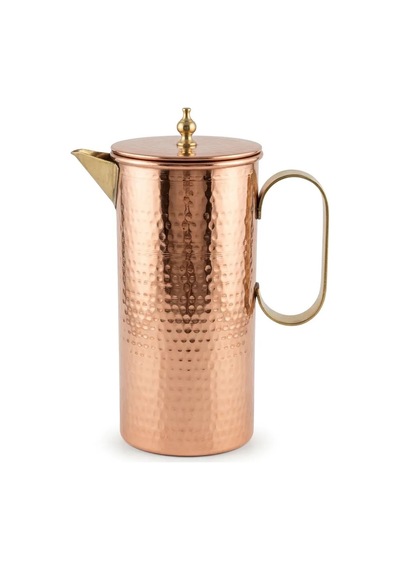 Aura Copper Bakır Sürahi 1,3 L Kapaklı Dövme Desen El Yapımı 22 Cm 0,8 Mm