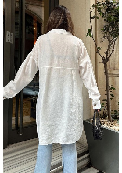 WeShaya Kadın Beyaz Balon Kol, Pileli, Yırtmaçlı, Oversize, Keten Tunik Gömlek Beyaz