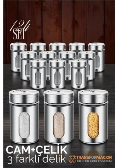 Cam+çelik Tuzluk Biberlik Karabiberlik 3 Farklı Delikli 12 Li Set 721946 Diğer
