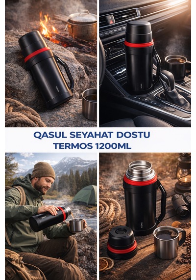 Qasul 1200ml Seyahat Termosu Paslanmaz Çelik, Sıcak & Soğuk Tutma Özellikli Büyük Boy Termos Siyah