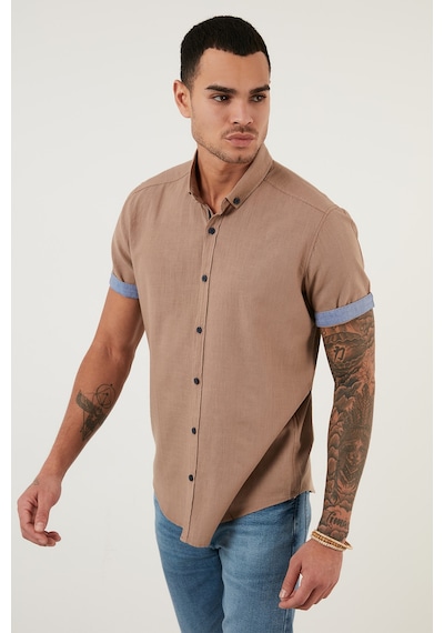Buratti Pamuklu Slim Fit Düğmeli Yaka Kısa Kollu Erkek Gömlek Cf21S112546 Toprak