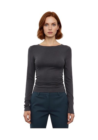 Ersefa Stil Kadın Fitted Vücuda Oturan Büzgü Drape Detaylı Esnek Bluz Cr Antrasit