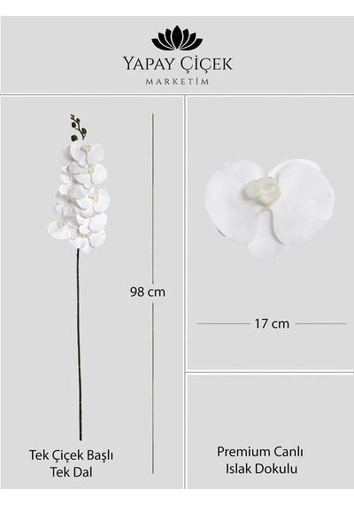 Beyaz Yapay Orkide Çiçeği Tek Dal Premium Canlı Islak Dokulu 98 Cm