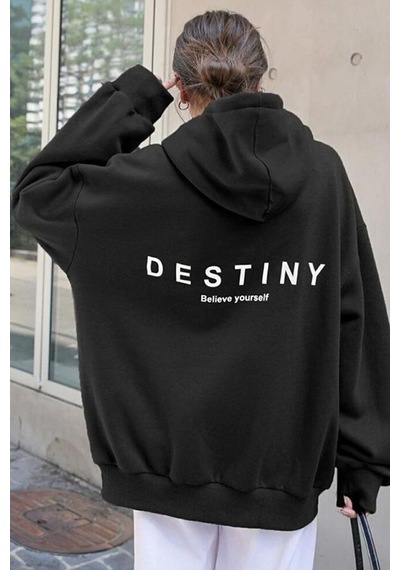 Uyguntarz Unisex Destiny Baskılı Siyah Oversize Kapüşonlu Sweatshirt
