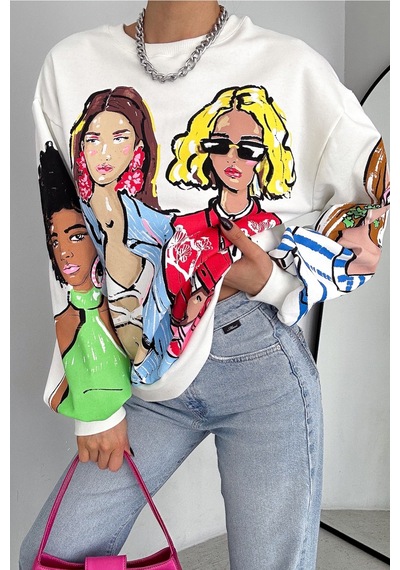 Femelle Kadın Beyaz 3 İplik Şardonlu Baskılı Oversize Pamuk Sweatshirt