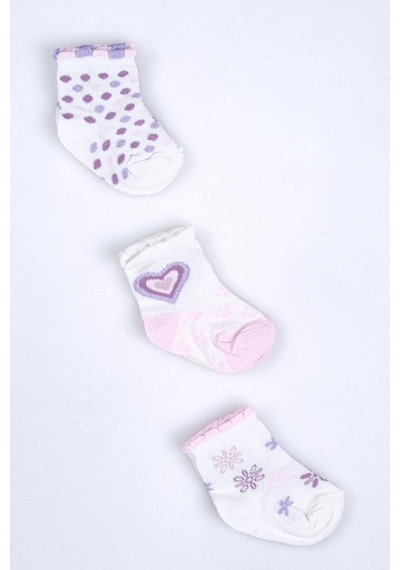 Cocole Socks Kız Bebek Soket Çorabı 3 Lü Set Pamuklu Kalp & Çiçek Desenli Çok Renkli