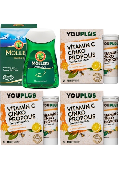 Möller's Omega 3 60 Kapsül + Youplus Vitamin C Çinko Propolis 3 x 20 Efervesan Tablet